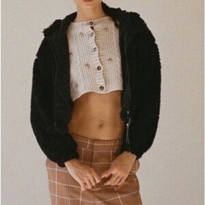 BDG Urban Outfitters Cropped Teddy Hoodie M Jacket Blue Sherpa Full Zip Cozy